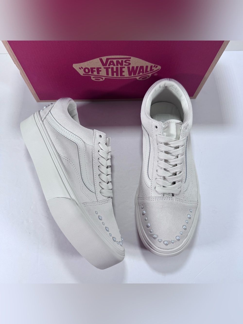 Vans Old Skool Platform Pearls Marshmallow White Suede Sneakers Women 8.5